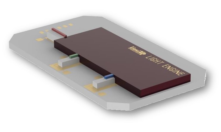 a 3d render of an integrated photonic RGB light engine chip