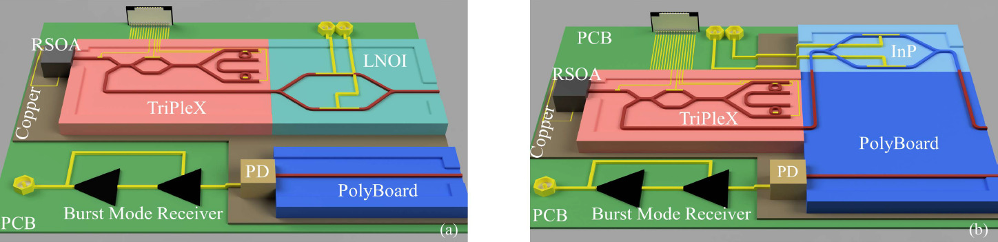 Artistic renders of ultra-fast tunable 10 Gb/s optical transceivers.